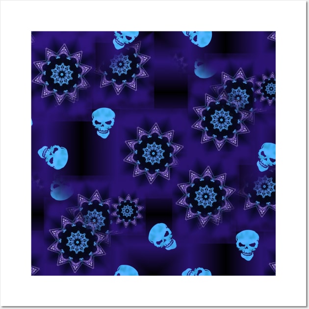 Blue Glow Skull Mandala - Goth Fashion - emo, punk, halloween, hippie, boho, bohemian Wall Art by Wanderer Bat